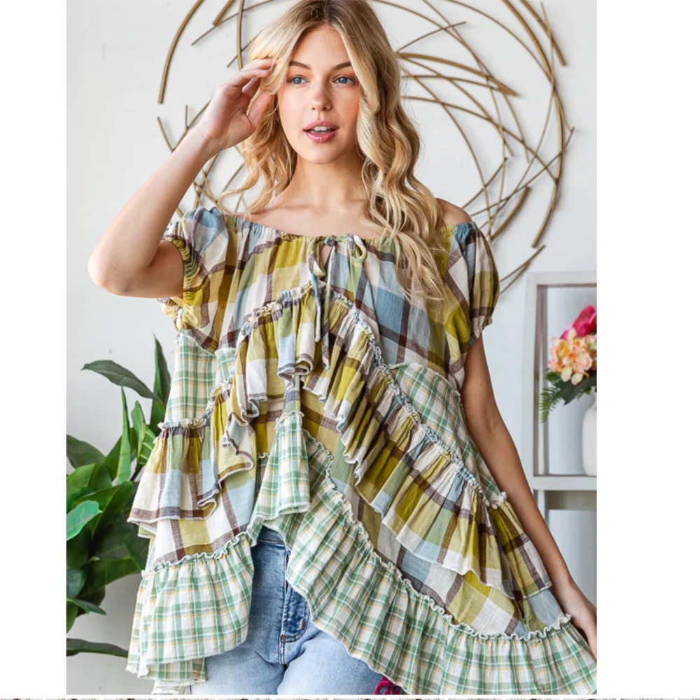 Oli & Hali Green Plaid Ruffled Off-Shoulder Top